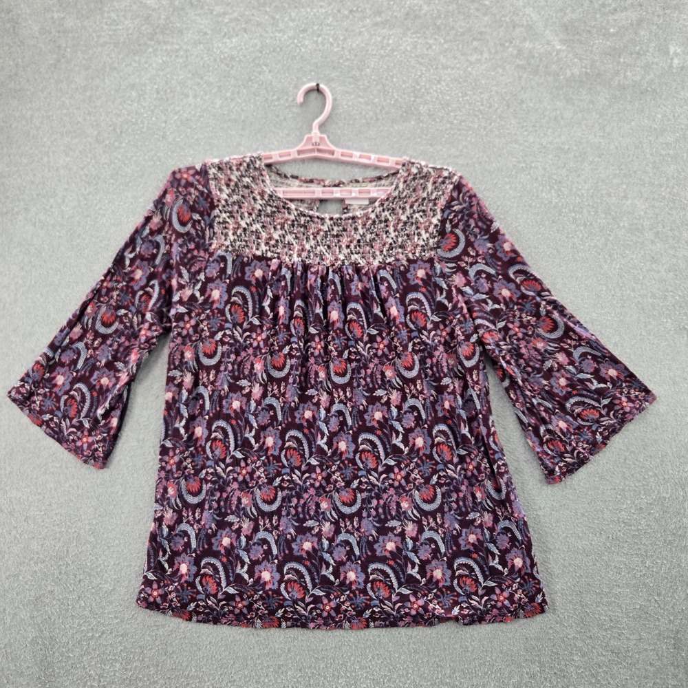 Lucky Brand Women‎ Blouse 2X Purple Floral Boho Smocked Flared Sleeve Keyhole
